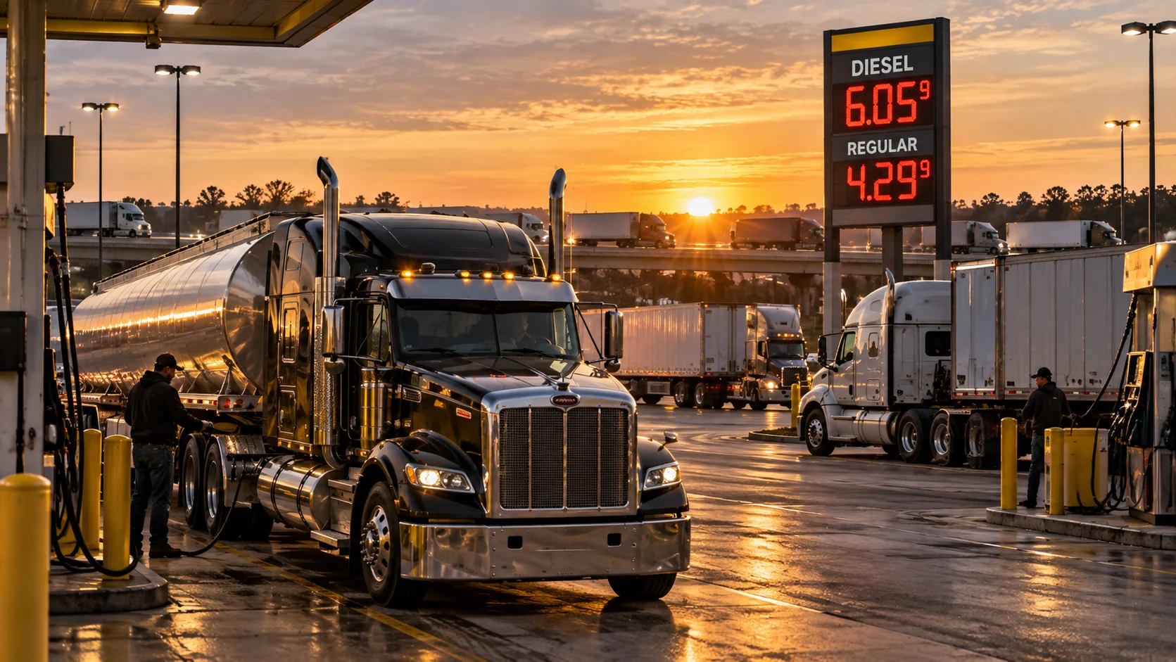 Fuel tanker truck at a busy truck stop during record diesel prices