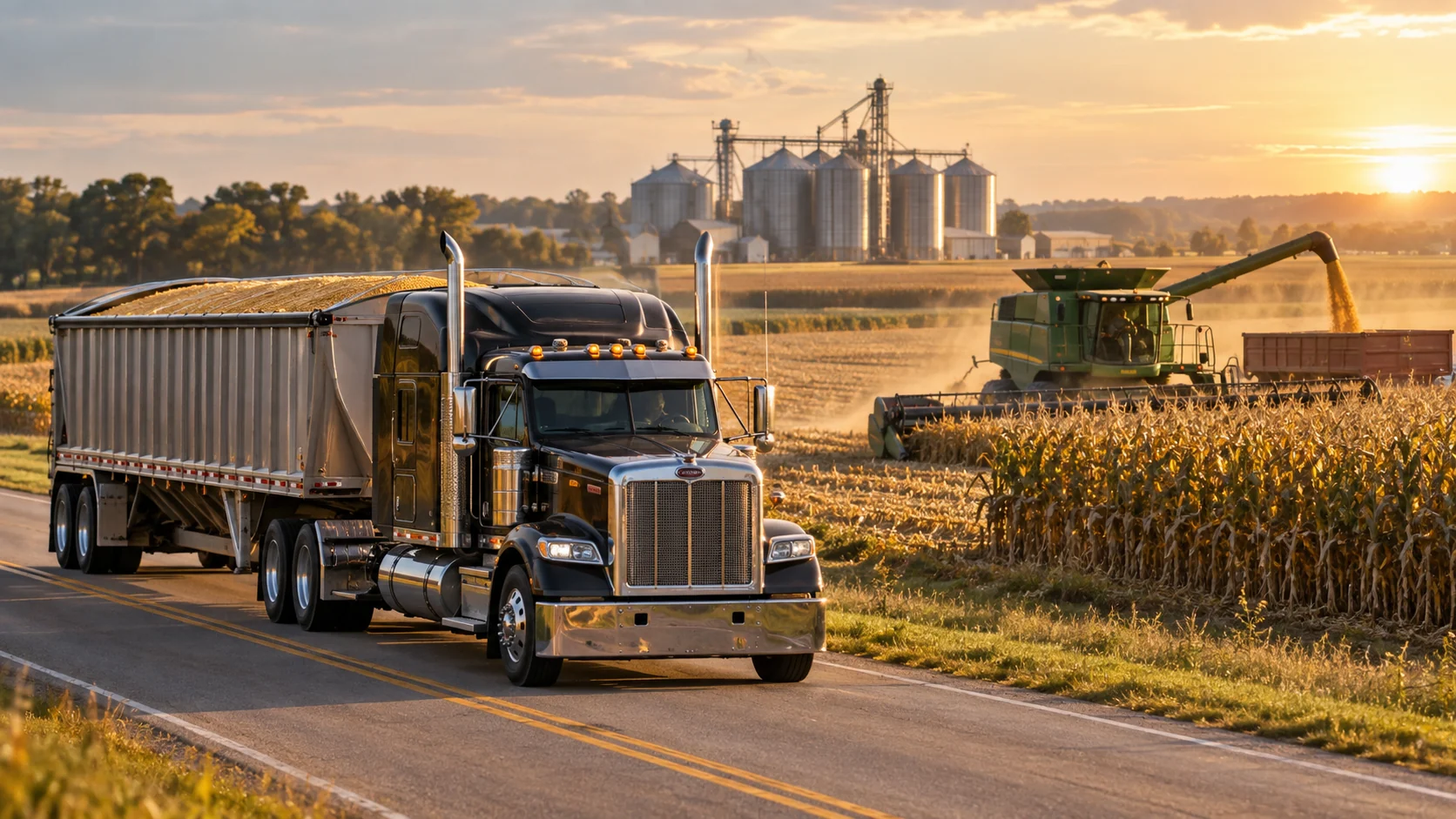 Black grain truck hauling a harvest load past a corn field and grain elevators