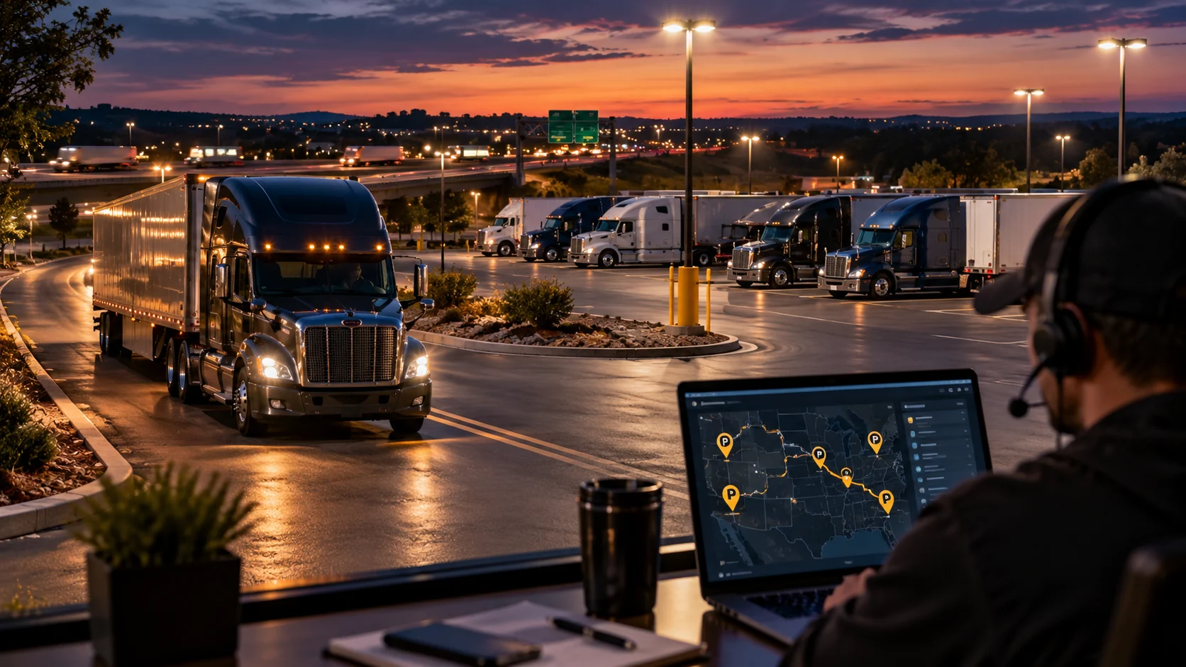 Dispatcher using a route map to plan truck parking while semis park at a truck stop